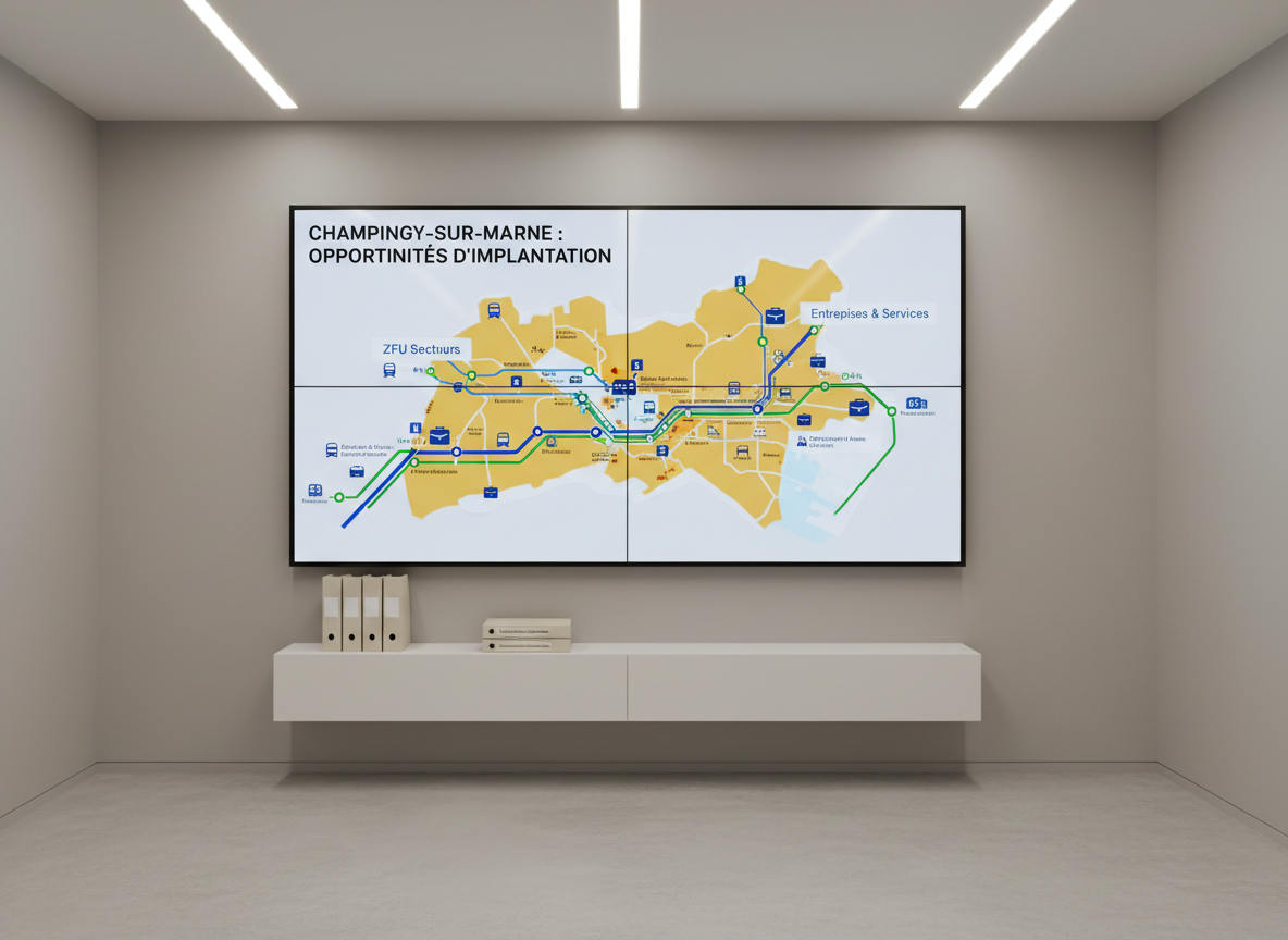 A large wall-mounted digital screen in a minimalist office lobby displaying a color-coded map of Champigny-sur-Marne with highlighted ZFU sectors, nearby transport lines, and business icons. The screen’s glossy surface shows subtle reflections of the room. Beneath it is a floating white console shelf holding a few organized folders labeled “Conditions d’éligibilité” and “Démarches administratives.” The lobby features light concrete flooring and a neutral gray wall, lit by soft, indirect LED strip lighting from the ceiling that creates a refined, contemporary glow. Shot in photographic realism from an eye-level angle, the composition uses generous negative space, evoking clarity, structure, and strategic planning for choosing an office location.