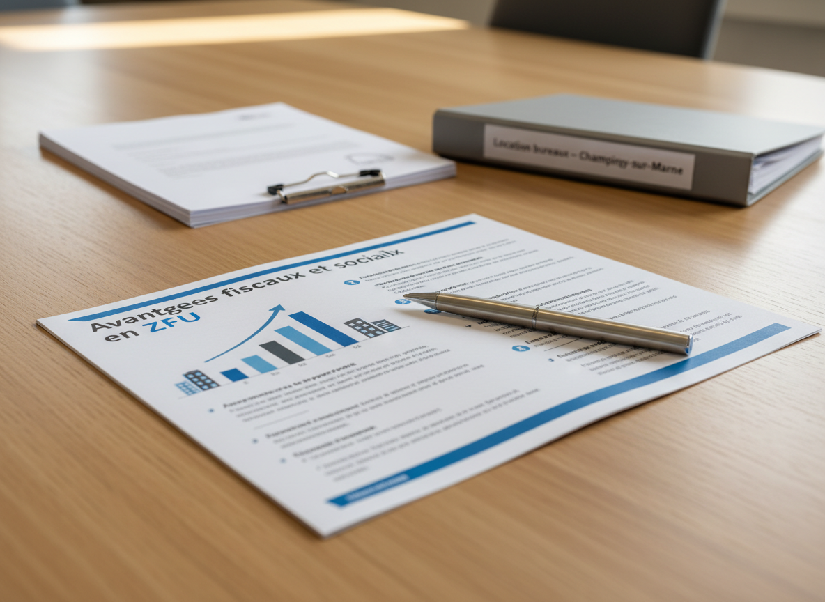 A close-up view of a detailed printed brochure on a smooth oak meeting table, explaining “Avantages fiscaux et sociaux en ZFU.” The brochure features clean typography, blue and gray corporate colors, and infographics with bar charts and icons of office buildings. A silver pen with a brushed metal texture rests diagonally across the pages. In the background, slightly out of focus, lie a stack of neatly arranged lease documents and a closed, slim gray binder labeled “Location bureaux – Champigny-sur-Marne.” Soft, warm overhead lighting creates gentle reflections on the pen and table surface, in photographic realism, giving the scene a professional, informative, and trustworthy mood, framed in a tight, centered composition.